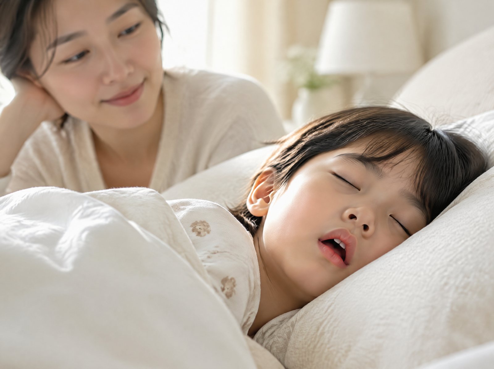 입을 살짝 벌리고 자는 아이를 지켜보는 보호자 · 연출 이미지